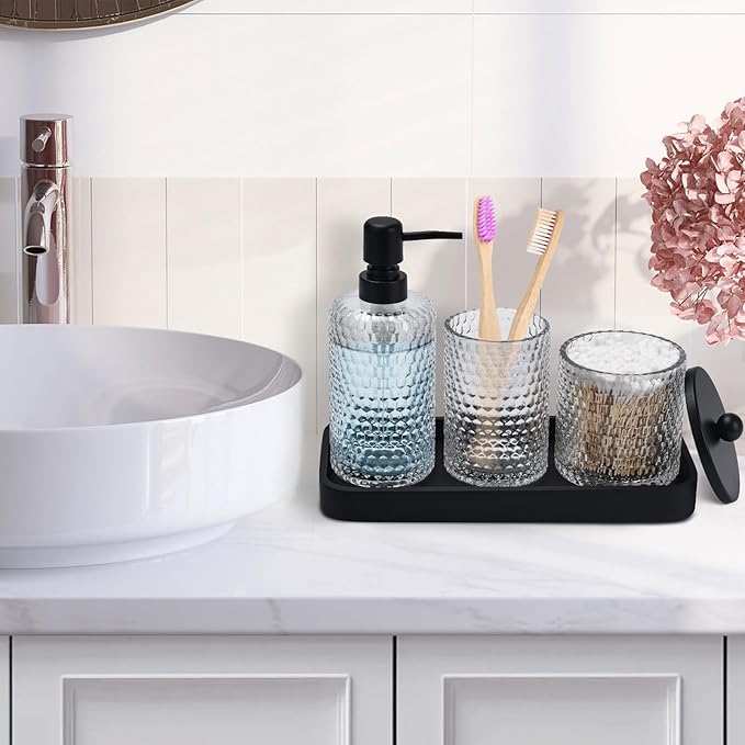 Bathroom Accessory Set,4 Pcs Clear Glass Bathroom Accessories Set-Lotion Soap Dispenser,Toothbrush Holder,Qtip Holder Dispenser & Resin Vanity Tray,Countertop Vanity Organizer,Crystal Clear