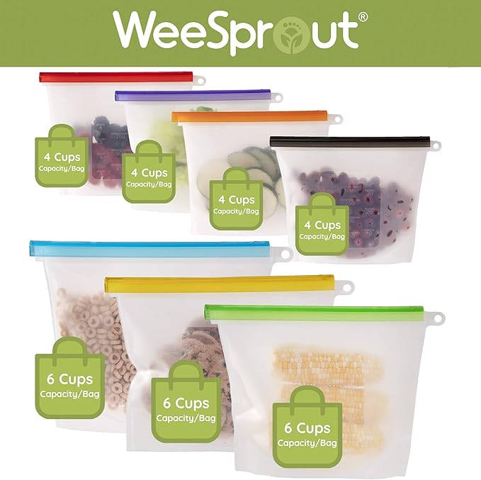 WeeSprout 100% Silicone Reusable Food Storage Bags | Set of 7 Leakproof & Airtight Pouches (Four 4 Cup Bags and Three 6 Cup) | Freezer & Microwave Safe | Dishwasher Safe | for Lunches and Snacks