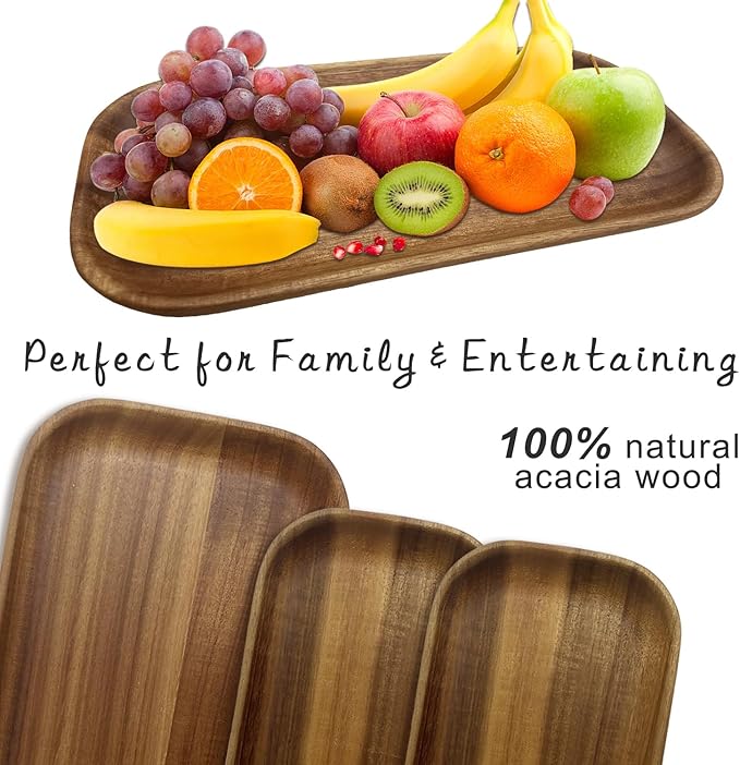 MinBoo Wooden Acacia Plates set of 3, 9-6Inch Wood Acacia Serving Trays, Farmhouse Kitchen Plates, Reusable Wooden Dishware for Dining, Appetizers, Snacks, Parties (rectangle)