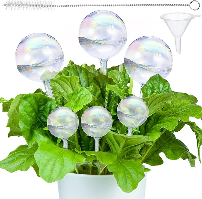 Plant Watering Globes, 6PCS Iridescent Rainbow Gradient Color Clear Glass Bulbs Self Watering Spikes Planter Insert, Automatic Plant Waterer Bulbs Devices for Various Plants