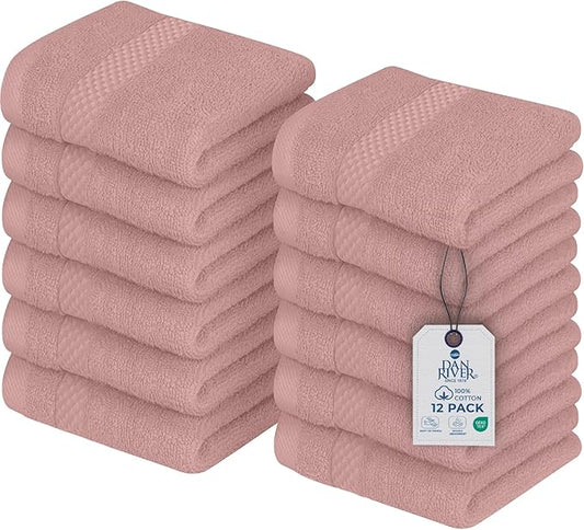 DAN RIVER 12-Pack Premium 100% Cotton Dusty Rose Face Towels – Reusable Face Towel Set, Soft & Absorbent wash Cloths for Your face, Bathroom & Body – Hand and Face Towels, 550 GSM (12x12 in)