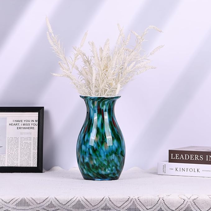 12 inch Hand Blown Glass vase, Green Glass vase, Glass Large vase Flower Decoration, Glass Art vase for Wedding Bathroom Dining Table Shelves Office Living Room Coffee Table Centerpiece vase.