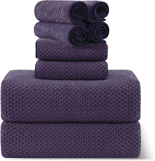 8-Piece Bath Towel Set, 2 Extra Large Bath Towel Sheets, 2 Hand Towels and 4 Washcloths - Highly Absorbent Quick Dry Microfiber,Ultra Soft Towel Set for Bathroom, Waffle Weave Design (Dark Purple)