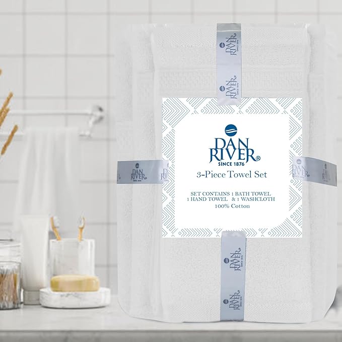 DAN RIVER 100% Ring Spun Cotton 3-Piece Towel Set, White, Bath Towel, Hand Towel and Washcloths, 550 GSM - Soft, Absorbent Quick Dry Cotton Towels for Bathroom, Spa, and Gym