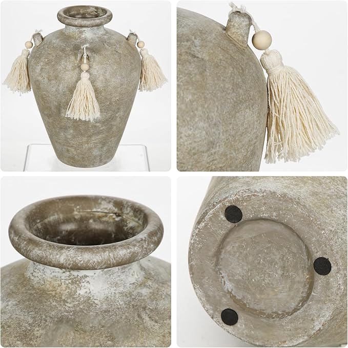 9.4" Large Ceramic Vase for Centerpieces - Rustic Farmhouse Vase with 4 Ears & Tassels, Terracotta Vintage Flower Vases for Tabletop, Desk, Living Room, Bedroom, Entryway, Holiday & Weddings Decor