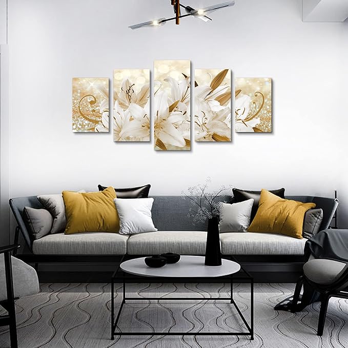 LUDUHU Golden Orchid Flowers Canvas Print - Abstract Floral Wall Art Painting Decor for Home Decoration Artwork Picture Bedroom (E,Oversize 60x30inch)