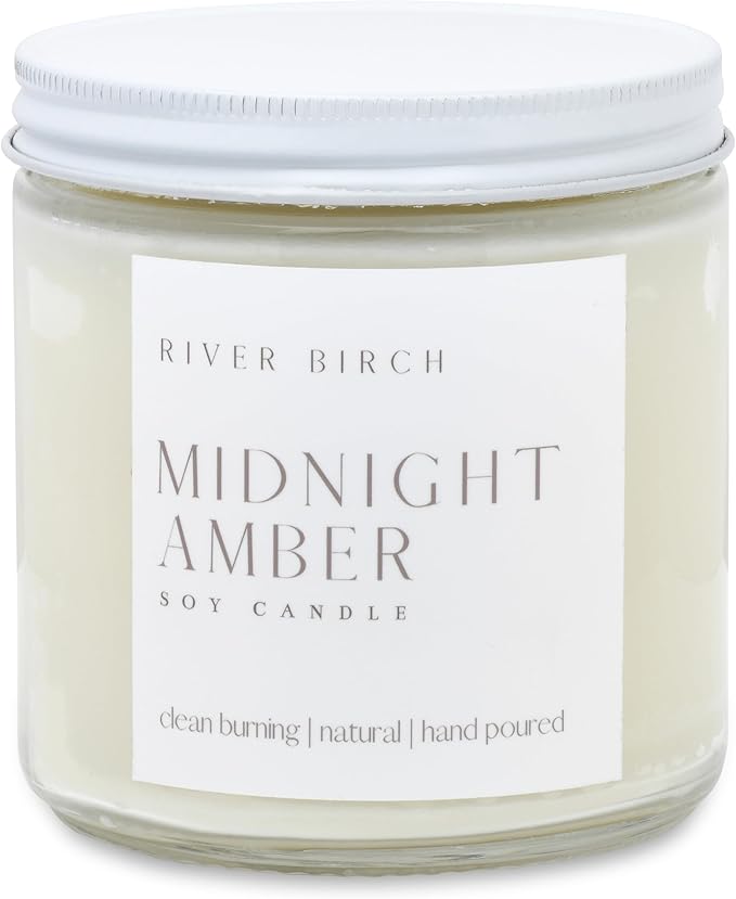 River Birch Midnight Amber Scented Candle - Premium, All-Natural, Non-Toxic, Soy Wax - 16oz Clear Jar