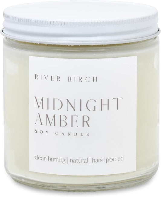 River Birch Midnight Amber Scented Candle - Premium, All-Natural, Non-Toxic, Soy Wax - 16oz Clear Jar