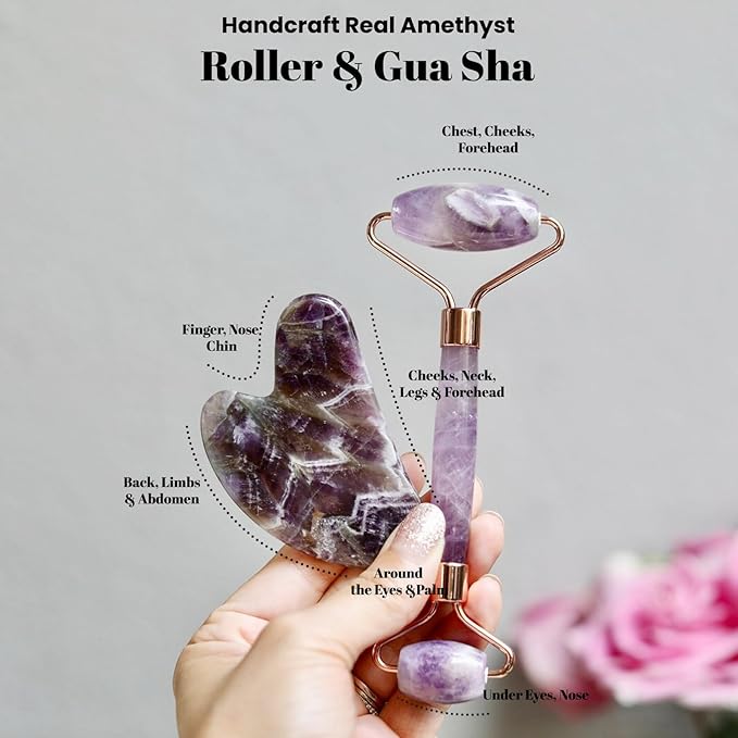 ROSELYNBOUTIQUE Gua Sha Facial Tools & Face Roller Original Face Massager for Puffiness Wrinkless Skin Care Routine - Self Care Gift for Men Women (Amethyst)