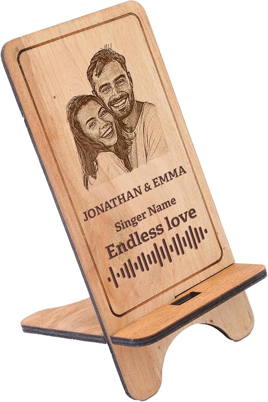 Design Your Own Phone Stand Personalized Wooden Holder Custom Pet Name Engraved Handmade Desk and Home Accessory Gift (Spotify Version with Custom Photo)