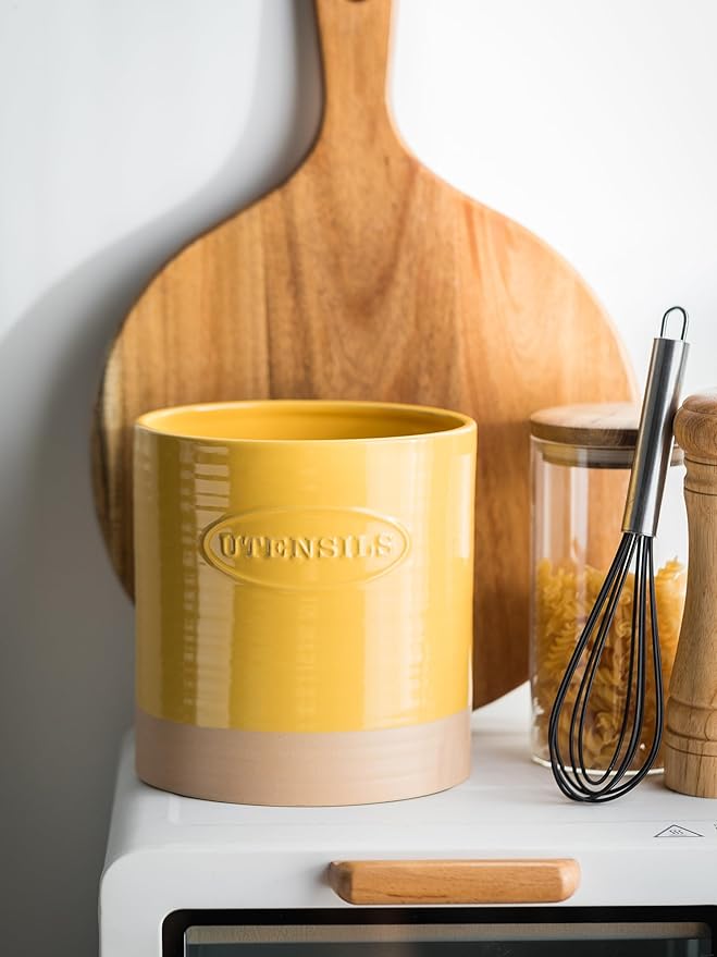 YHOSSEUN Kitchen Utensil Holder for Countertop, Ceramic Utensil Holder for Kitchen Counter, Cooking Utensil Crock for Spatula, Oval Shape, Yellow