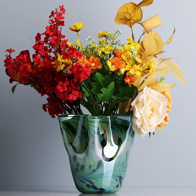 Hand Blown Glass vase Decorative, Teal Wide Mouth Petal vase, Modern Art Design Decorative vase for Home Decor Living Room, Console Centerpiece, Table and Wedding.huaban (E-3)