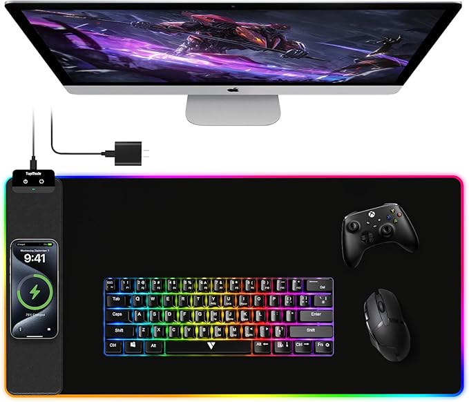 TopMade Mouse Pad with Wireless Charging, 31.5" x 15.75" Large Desk Mat RGB Gaming Mousepad, LED Desk Pad Keyboard Pad, Waterproof Desk Pad (Includes 20W PD Power Adapter & 6.56ft Woven Cable)