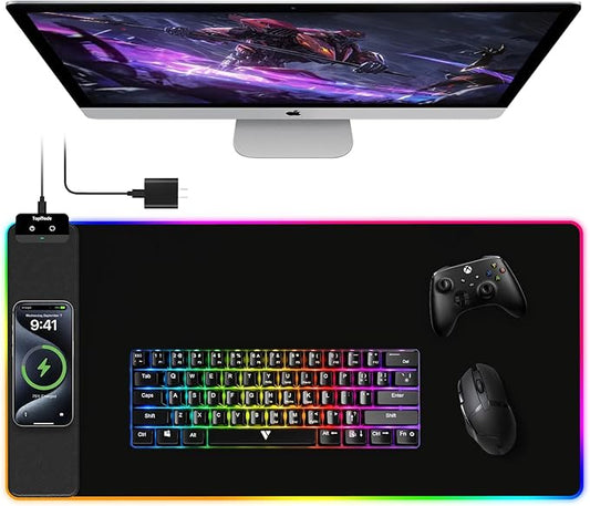 TopMade Mouse Pad with Wireless Charging, 31.5" x 15.75" Large Desk Mat RGB Gaming Mousepad, LED Desk Pad Keyboard Pad, Waterproof Desk Pad (Includes 20W PD Power Adapter & 6.56ft Woven Cable)
