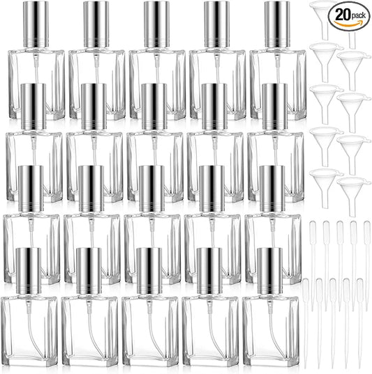 20 Pcs Clear Glass Fine Mist Atomizer Spray Bottle, 15ml Portable Square Empty Glass Perfume Atomizer Bottles, Clear Refillable Perfume Bottle with 10 5ML Droppers and 10 Funnels