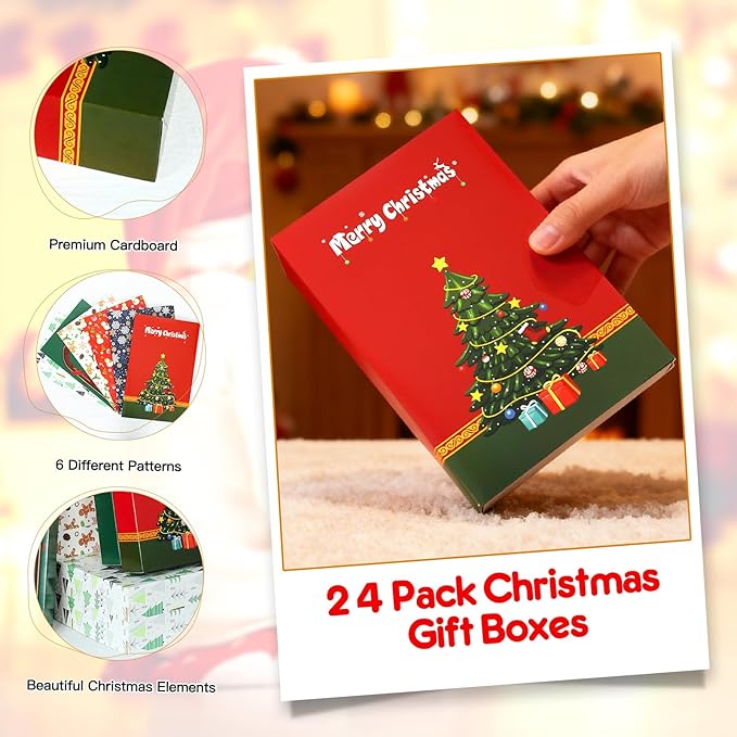 joyhalo 24 Pack 14.5" Christmas Gift Boxes with Lids for Presents, 6 Designs Gift Boxes Bulk,White Gift Wrapping Boxes for Clothes,Shirts,Robes,Sweaters and Socks