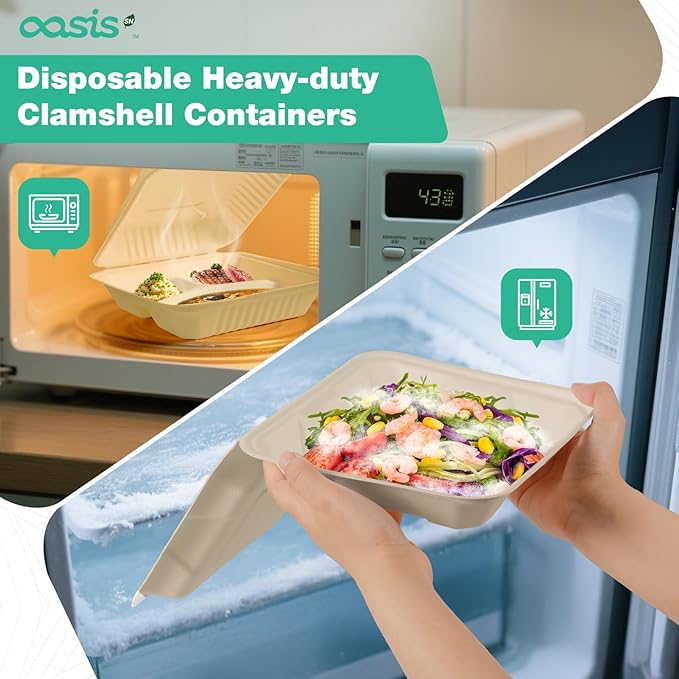 𝟴𝘅𝟴", 𝟲𝟴-𝗣𝗮𝗰𝗸 3-Compartment Clamshell Takeout Containers, 100% Compostable Heavy-Duty Disposable Paper Lunch Boxes(Natural)