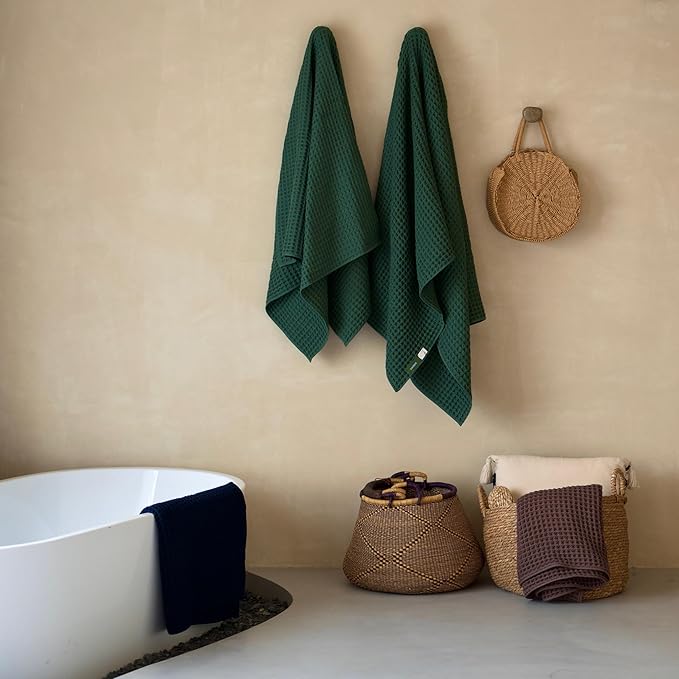 Luxury Japanese Cotton Silk Waffle Bath Towel | Plush, Absorbent, and Quick Dry (Forest Green, Hand Towel (3 Pack))