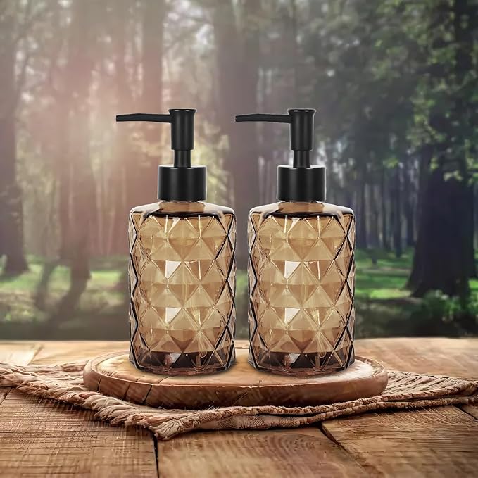 Dark Brown Glass Soap Dispenser with Pump, 12oz Diamond Design Hand Soap Dispenser, Refillable Lotion Dispenser & Dish Dispenser, Bathroom Dispenser for Dishwashing Liquid, Shower Gel