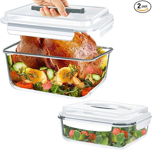 KOMUEE 220oz & 76.4oz Extra Large Glass Food Storage Containers with Airtight Lids, 2 Piece Big Glass Containers Set, Ideal for Storing Rotisserie Chicken, Lasagna,Salads,Fruits, Leak-proof & BPA-Free