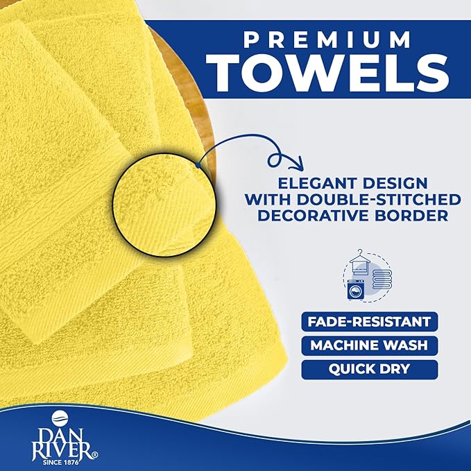 DAN River 8 PC Luxury Bath Towels for Bathroom, 2 Bath, 2 Hand, and 4 Wash Cloths, 600 GSM 100% Ring Spun Cotton Towel Set, Highly Absorbent, Gym, Hotel, and Spa, Yellow