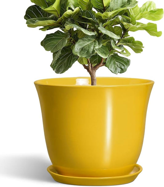 12 Inch Plant Pot - Ceramic Plant Pots with Drainage Hole and Saucer, Large Round Planter for Indoor Outdoor, Modern Flower Pot, Decorative Planters, Home Garden Decor, Garden Gifts, Yellow
