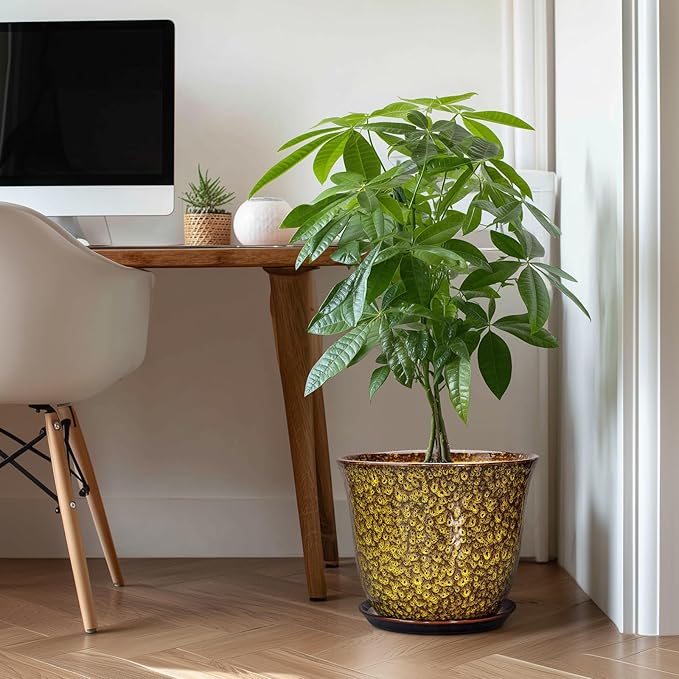 12 Inch Plant Pot - Ceramic Pots for Plants with Drainage Hole and Saucer, Round Planter for Indoor Outdoor, Large Flower Pots, Modern Planter, Patio House Decor, Plant Lovers Gifts, Yellow