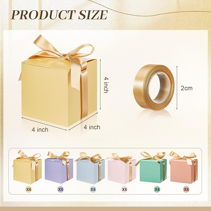 48 Pcs Christmas Gift Boxes with Ribbon Small Party Favor Boxes with Lids Mini Treat Candy Container for Wedding, Party, Birthday, Valentine's Day and More(Macaron,4 Inch)