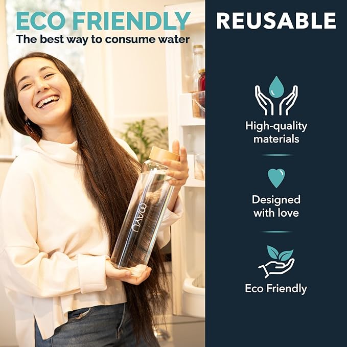 mayu Portable Container Water Bottle With Bamboo Lid - Eco Friendly & BPA Free Borosilicate Glass Infuser Bottle - Leak Free Design - For Storage, Everyday Use And Non-Toxic Hydration - 51oz 1.5L