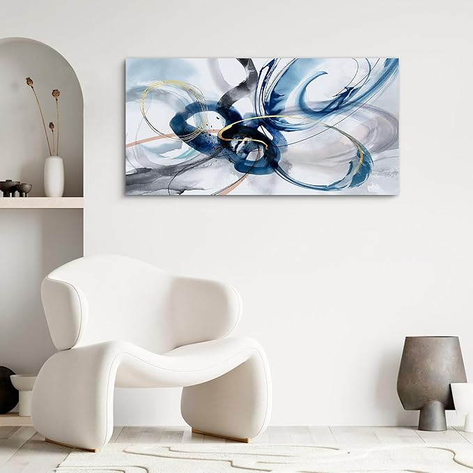 yiijeah Abstract Wall Art - Blue and White Pictures Wall Decor Living Room Canvas Artwork 40x20 Inches Modern Home Decor Bedroom Aesthetic