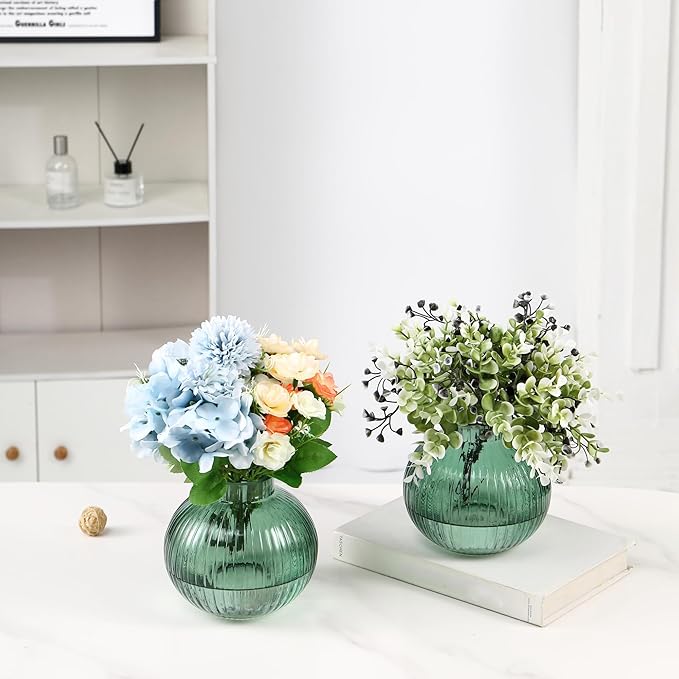 Round Glass Vases, Set of 2 Small Vases for Flowers, Green Glass Vase for Tulips, Modern Vase for Living Room, Office, Coffee Table, Shelf, Wedding, 5 Inches