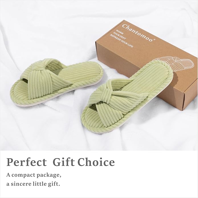 Chantomoo Slippers for Women Memory Foam House Womens Slipper Slides Home Bedroom Bathroom Spa Open Toe Corduroy Bow Slippers Cozy Comfortable