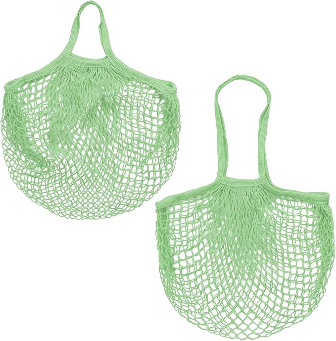 2-Pack Cotton Mesh Bag, Reusable Washable Mesh Net String Grocery Bags, Reusable Produce Bags with Handle, Net Tote Bag for Fruits/Vegetables Shopping [Avocado, Long&Short Handle]