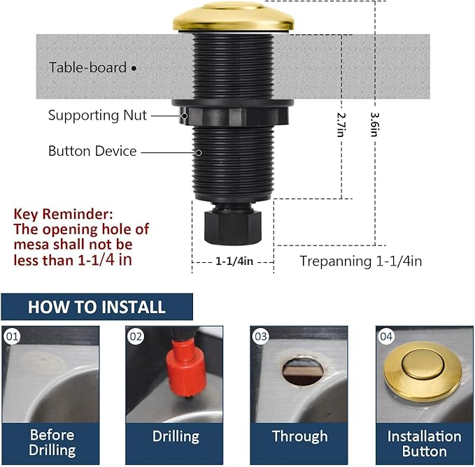 Garbage Disposal Air Switch Kit Single Outlet Sink Top Waste Disposal Long Stainless Steel Brushed Gold On/Off Air Button Food and Waste Disposals Part by Etoolcity