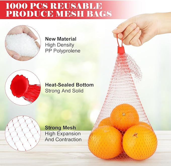 1000 Pcs Reusable Mesh Produce Bags, 20 Inch Seafood Boil Bags for Crab with 1000 Loop Closures, Onion Potato Storage Net Bag for Vegetables Fruits Seafood
