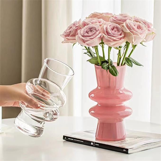 JSPYFITS Modern Glass Vases, 7.87" Tall Four-Layer Book Vase Bubble Flower Vases Decorative for Home Décor, Decorative Pink Glass Table Vase for Wedding Housewarming Gift