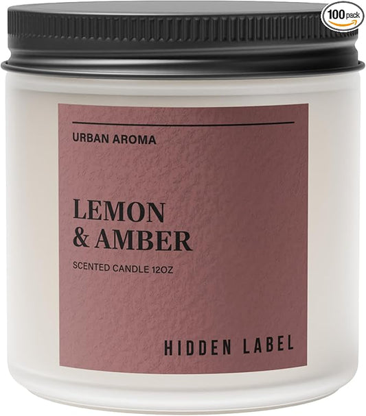 Hidden Label Lemon Amber Scented Candle, 12oz 2 Wick Natural Soy Non Toxic Candles, Clean Burning Long Lasting Aromatherapy for Home | Gifts | Décor,Premium Scents for Relaxation & Stress Relief