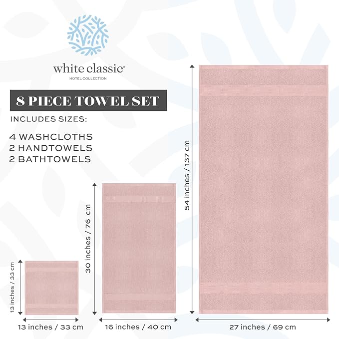 White Classic Luxury Bath Towel Set of 8 Pieces - 100% Turkish Cotton Highly Absorbent Towels for Bathroom, 2 Luxury Bath Towels 700GSM, 2 Hand Towels, 4 Washcloths, Pink