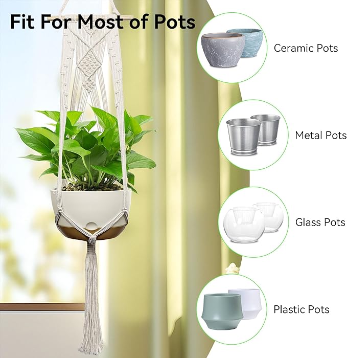 USLAI Plant Basket, Indoor Outdoor, 47 Inch, Up to 4-12 inch Pot, Heavy 20lb Planters, Macrame Extra Long Strong Hanging Planter Basket, Boho Home Decor, Set of 2 (POTS NOT Included)