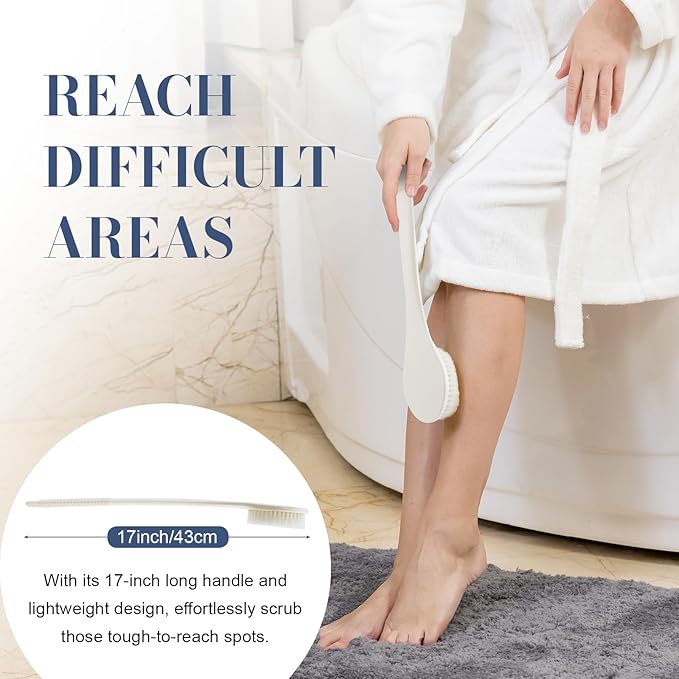 Back Scrubber for Shower, Shower Body Brush for Cleaning with Long Handle for Showering, 17 Inch Back Washer Exfoliator for Shower Men Women with Non-Slip Handle, Adhesive Hook (Cream White)