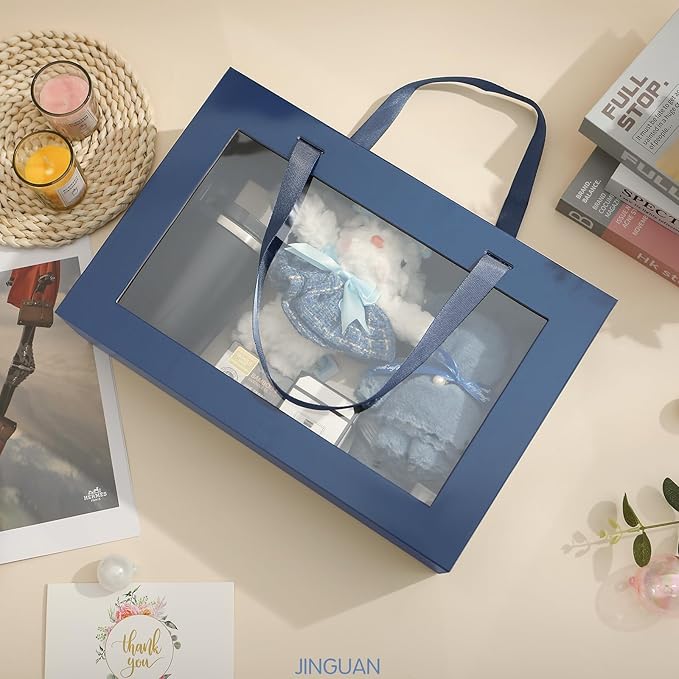 Large Navy Blue Clear Gift Boxes, 13.5x9x4.1 Inches, 5 Pack with Windows by Handles, Magnetic Closure, Suitable for Various Occasions