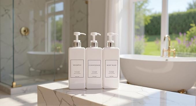 Modern Design Large 27 oz Shampoo and Conditioner Dispensers - Empty Plastic Refillable Pump Bottle Set for Bathroom Shower Soap Dispenser, Gift Box Included, Set of 3, (White & Silver)