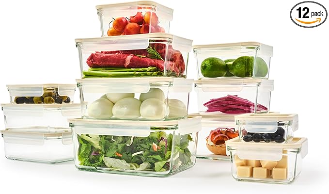 GLASSLOCK Sens 24Pcs Glass Food Storage Set – Airtight & Leakproof, 8 Different Sizes, Anti Slip Lid, Microwave & Oven Safe, Meal prep, Lunch Box, Nestable & Stackable, Pantry Storage