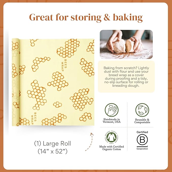 Bee's Wrap Beeswax Wraps for Food - Cut to Size 14x52" Wax Paper Roll - Made in USA Reusable Waxed Paper & Bowl Covers - Organic & Eco-Friendly Alternative to Aluminum Foil & Plastic Wrap, Honeycomb