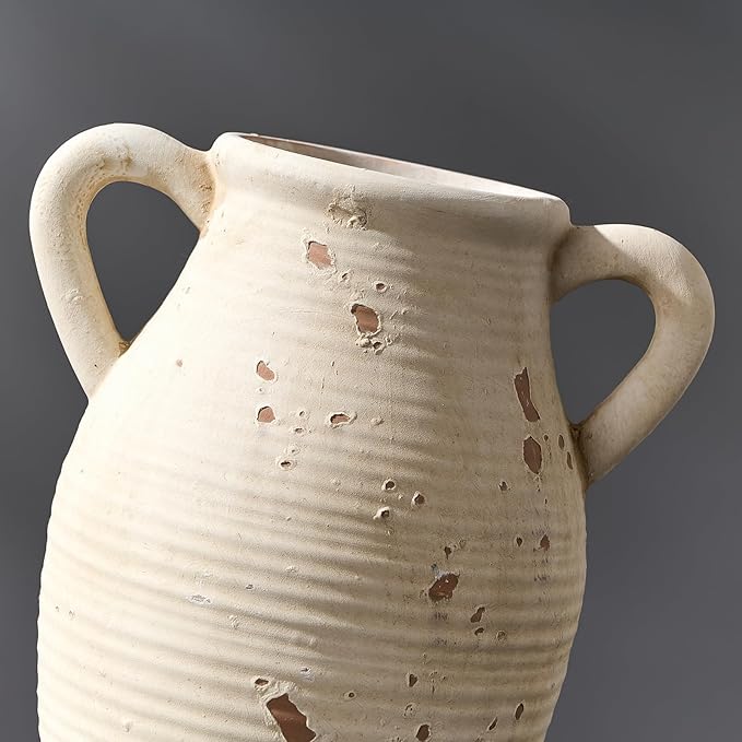Large Ceramic Rustic Vase with 2 Handles, 9.8 inch Farmhouse Distressed Flower Vase for Home Decor, Living Room, Shelf Decor, Pampas Grass, Enterway, Table Decoration, Gift, White