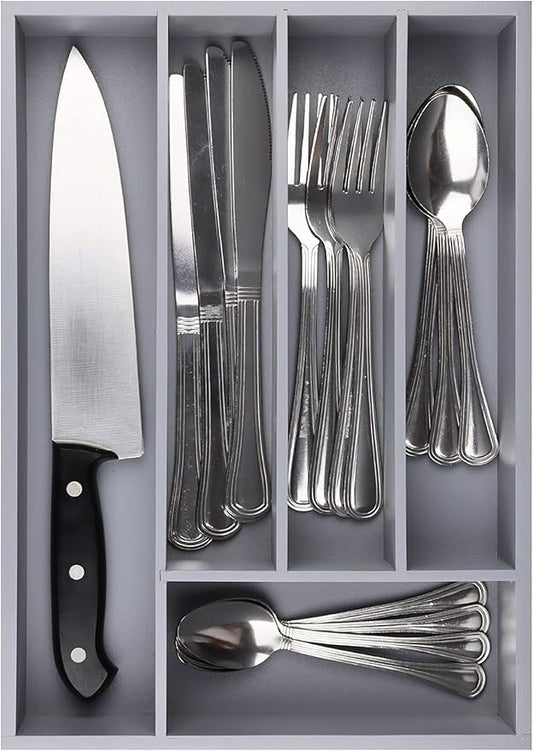 5-Slot Drawer Organizer - Kitchen and Utensil Organizer - Cutlery Tray - Flatware and Silverware Holder - Gray