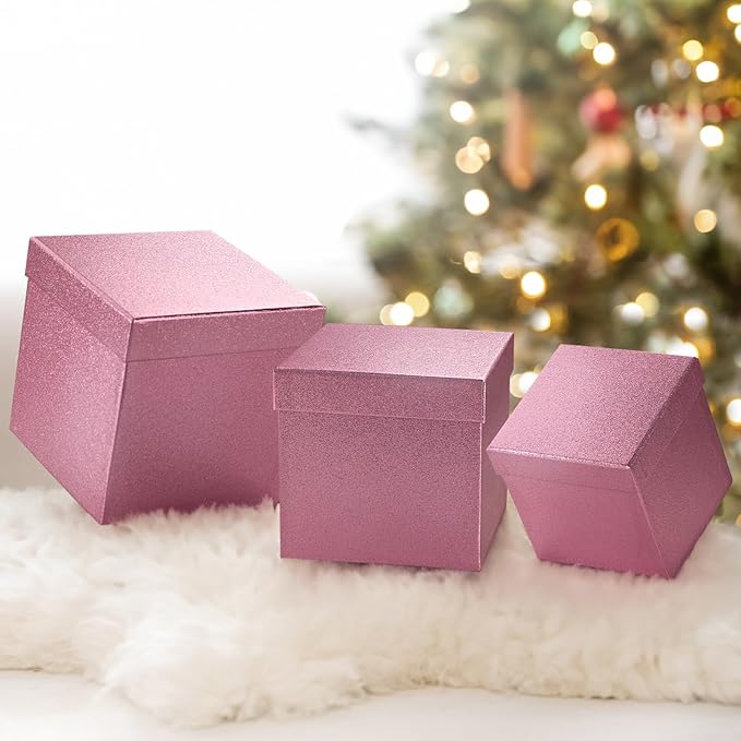 UNIQOOO 5Pcs Christmas Pink Glitter Gift Box Set w/Lid, Assorted Size, Rose Gold Square Nested Wedding Paper Box Tower Organizer for Party, Thanksgiving, Gift Wrap Packaging
