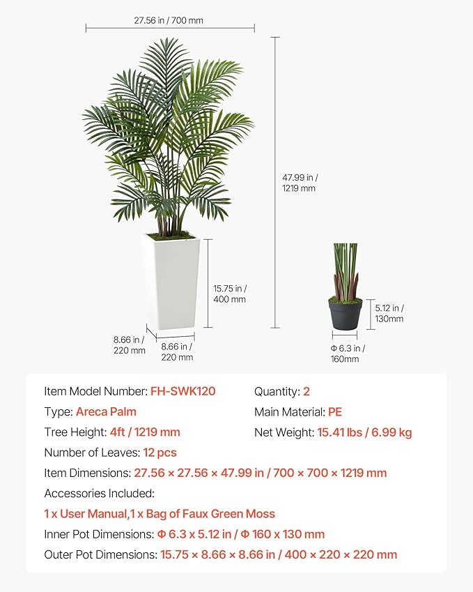 VEVOR Artificial Areca Palms 4 ft, 2 Pack Fake Palm Tropical Plants with White Tall Planter, Faux Floor Silk Plant in Pot, Large Tree for Home Office Living Room Decor House Warming, Indoor Outdoor
