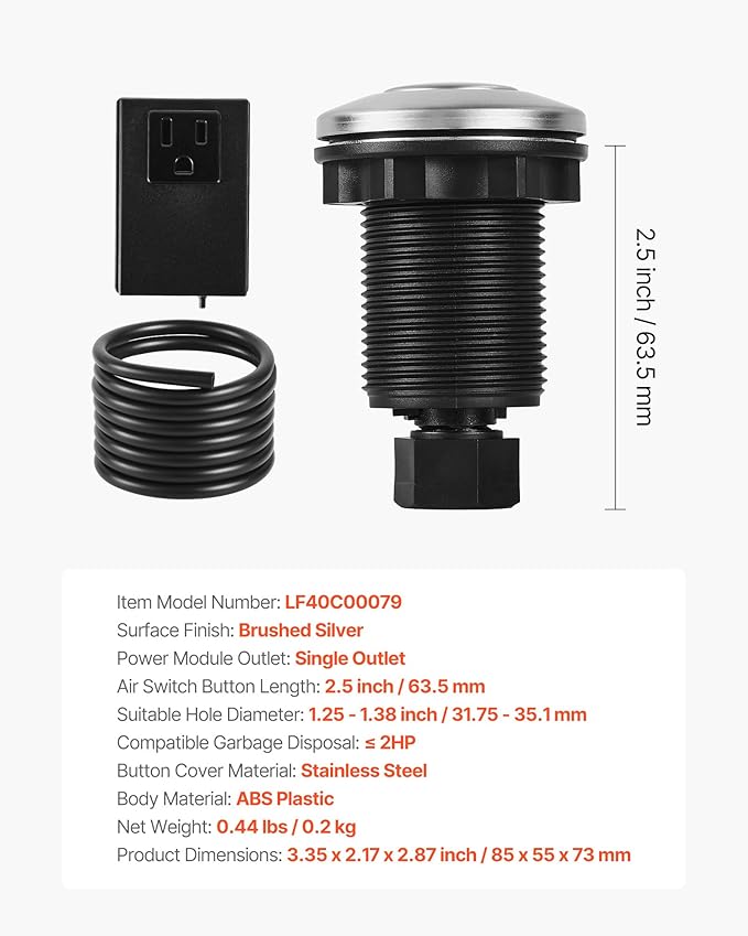 VEVOR Garbage Disposal Air Switch Kit, 2.5" Sink Top Air Switch for Food Waste Disposal, Brushed Silver Stainless Steel ON/OFF Air Button for Waste Disposer - Suitable for Stainless Steel Countertops