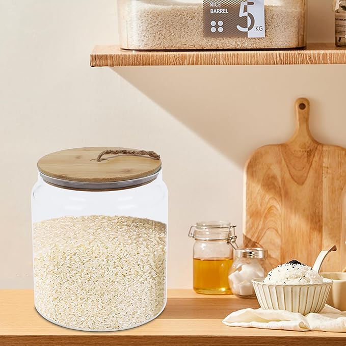 Rice Storage Container,Glass Cereal Dispenser Countertop with Bamboo Lid,Clear Airtight Food Storage Containers,135 Oz (4000ml) Kitchen Food Jars,Pantry Canister for Coffee Bean,Flour Sugar